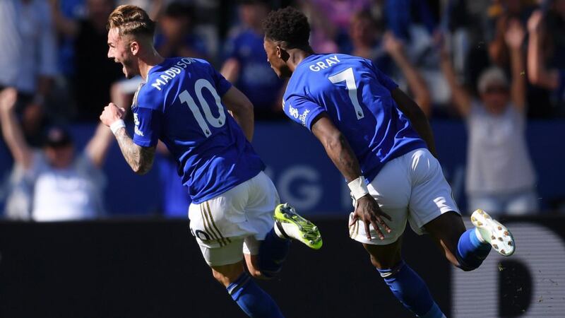 James Maddison celebrates scoring Leicester City’s  second goal with Demarai Gray during the Premier League match against  Tottenham Hotspur at The King Power Stadium. Photograph: Laurence Griffiths/Getty Images