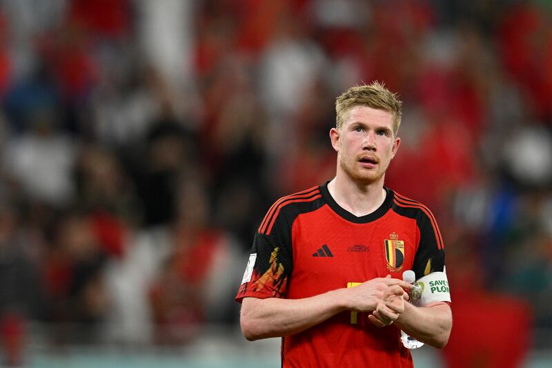 DOHA, QATAR - NOVEMBER 27: Kevin De Bruyne of Belgium applauds fans after the 0-2 loss during the FIFA World Cup Qatar 2022 Group F match between Belgium and Morocco at Al Thumama Stadium on November 27, 2022 in Doha, Qatar. (Photo by Clive Mason/Getty Images)