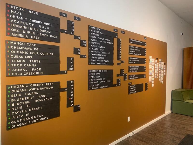 The menu of types of cannabis on offer at Potorium cannabis shop in Nelson.