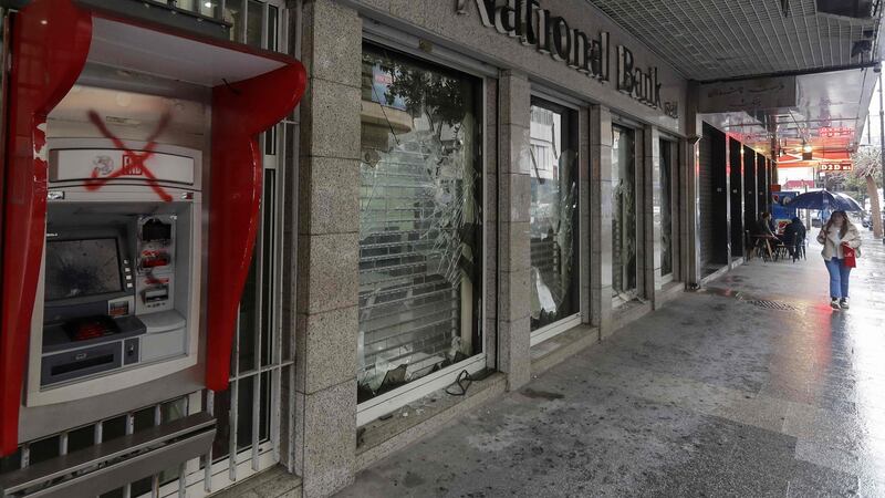 A bank, with windows damaged by anti-government protesters, in the capital Beirut. File photograph: Reuters