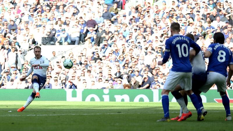 Christian Eriksen scores Tottenham’s second against Everton. Photograph: Steven Paston/PA