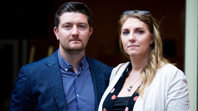 Simon McMahon and Sorcha McMahon pictured leaving the Coroners Court at a previous hearing in July. Photograph: Tom Honan / The Irish Times.