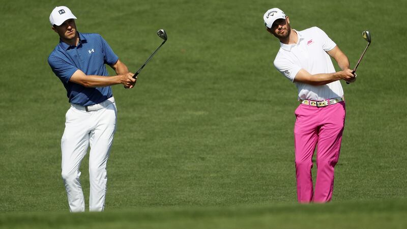 Jordan Spieth and Wesley Bryan practice on the course. Photo: Jamie Squire/Getty Images