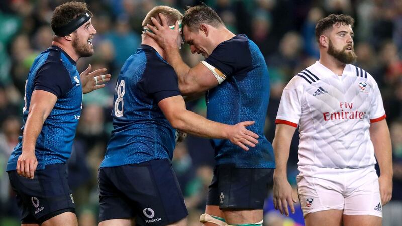 Ireland’s John Ryan celebrates scoring a try with Rhys Ruddock and Rob Herring  during the autumn international against the USA at the Aviva stadium. Photograph: Tommy Dickson/Inpho