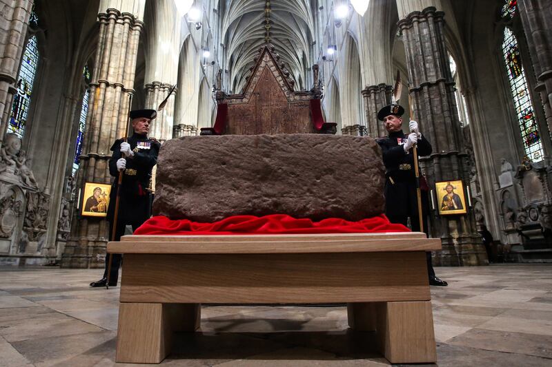 A service to mark the arrival of the Stone of Destiny to Westminster Abbey in London ahead of the coronation of King Charles in 2023. Photograph: Susannah Ireland/PA Wire