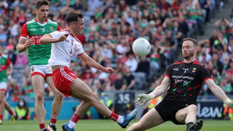 Darragh Canavan has his shot blocked by Rob Hennelly but McCurry would collect to score a point. Photo: Dara Mac Donaill/The Irish Times