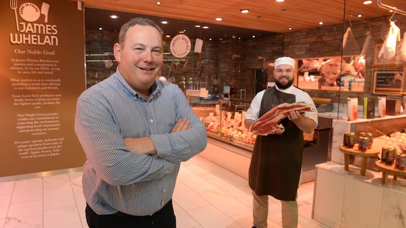 Pat Whelan of James Whelan butcher chain and store manager Joe O’Mahony, at  Dunnes Stores in the Swan Centre, Rathmines, Dublin. Photograph: Dara Mac Dónaill