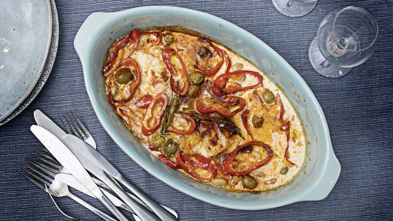 Cod baked with butterbeans, olives and smoked paprika