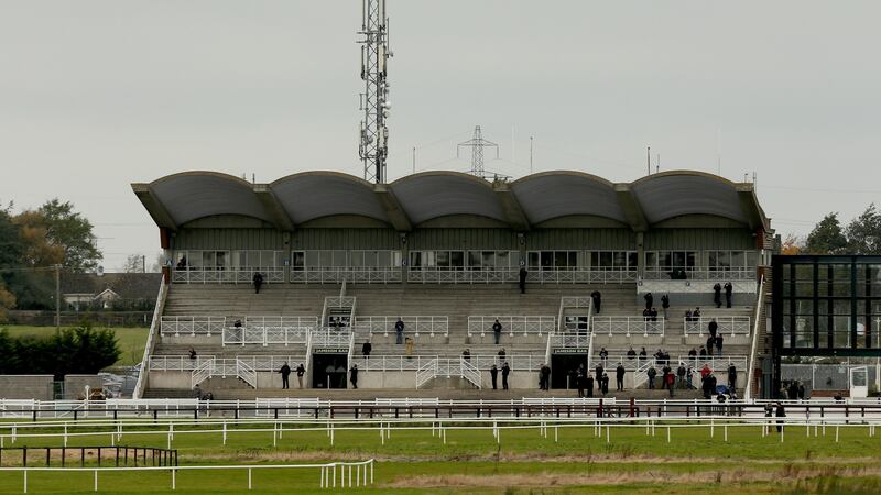 Runners in the Ratoath half marathon finish in front of the stands at Fairyhouse.