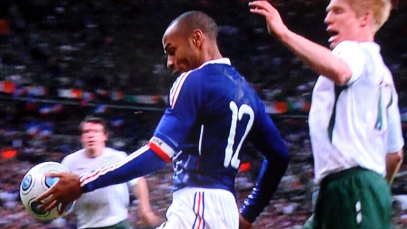 France’s Thierry Henry handles the ball leading to a goal for Wiliam Gallas in the World Cup playoff against the Republic of Ireland  in November 2009. Photograph: Sky Sports videograb