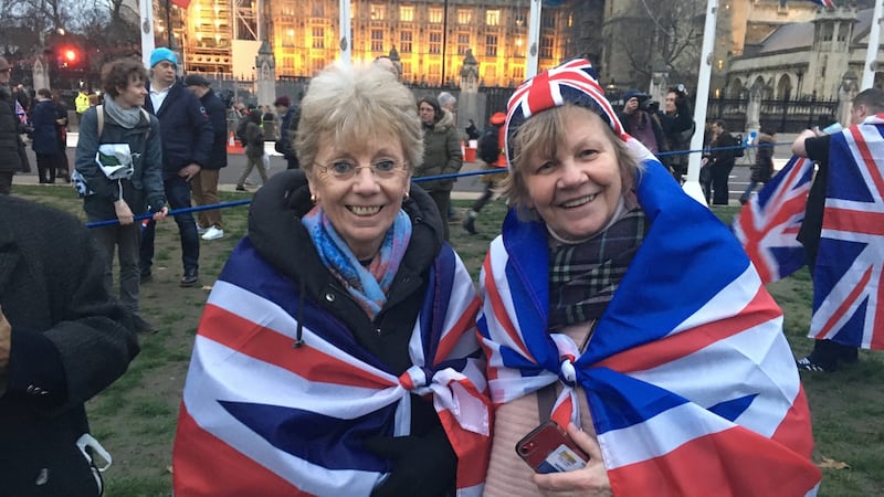 Judith Clementson (right) with her friend Vikki: She has come from Portsmouth and says she’s been “fighting for this longer than Nigel [Farage]”. Photograph: Patrick Freyne