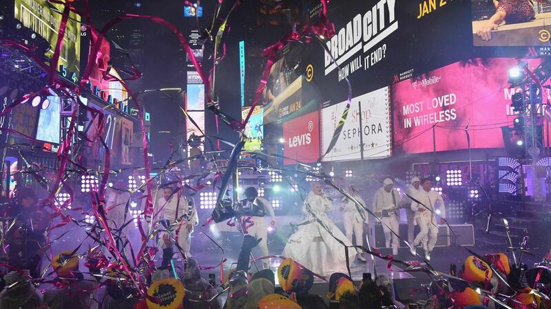 Singer Christina Aguilera performs on New Year’s Eve in Times Square, New York. Photograph:  AFP