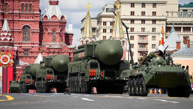 Russian RS-24 Yars ballistic missiles roll during the Victory Day military parade in Moscow, Russia, Monday, marking the 77th anniversary of the end of World War II. Photograph: AP Photo/Alexander Zemlianichenko
