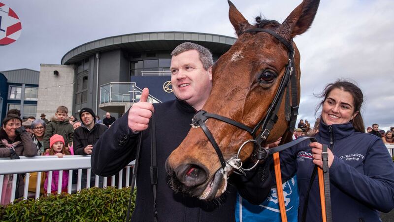 Gordon Elliott with Envoi Allen after his convincing victory in the Lawlor’s Novice Hurdle at Naas. Photograph: Morgan Treacy/Inpho