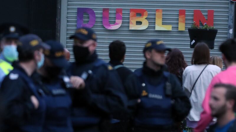 The Garda public order unit on George’s Street in Dublin’s city centre on Sunday evening. Photograph: PA