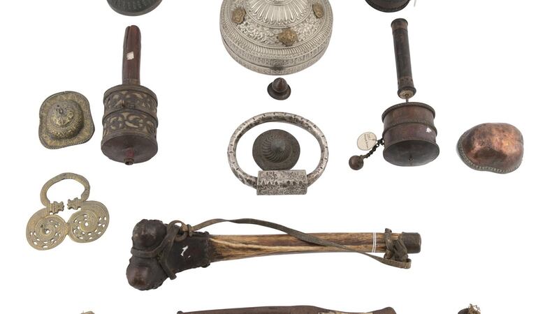 Collection of Tibetan ritual items to include a trumpet made from a human femur, centre, second row from bottom (€400- €500), Adam’s