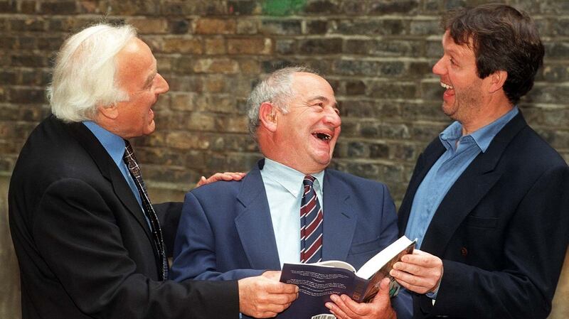 Colin Dextor with actors John Thaw (left) and Kevin Whateley, who starred in the Morse detective series. Photograph: Sean Dempsey/PA Wire