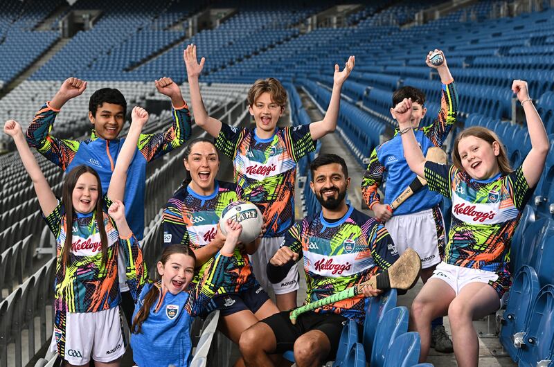 At the unveiling of the 2024 GAA Cúl Camps were Dublin footballer Sinead Goldrick and former Leitrim hurler Zak Moradi, with pupils from St Laurence O'Tooles National School in Dublin 1. Photograph: Sam Barnes/Sportsfile