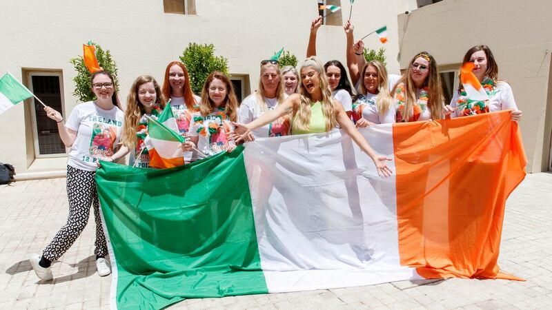 Irish Eurovision entry Sarah McTernan’s family and friends gathered at her hotel to wish her well before tonight’s  semifinal. Photograph: Andres Poveda