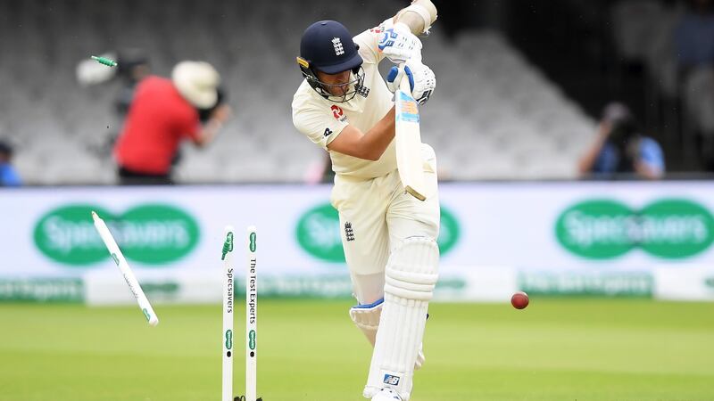 Olly Stone of England is bowled by Stuart Thompson of Ireland during day three of their Test match at Lord’s. Photo: Alex Davidson/Inpho