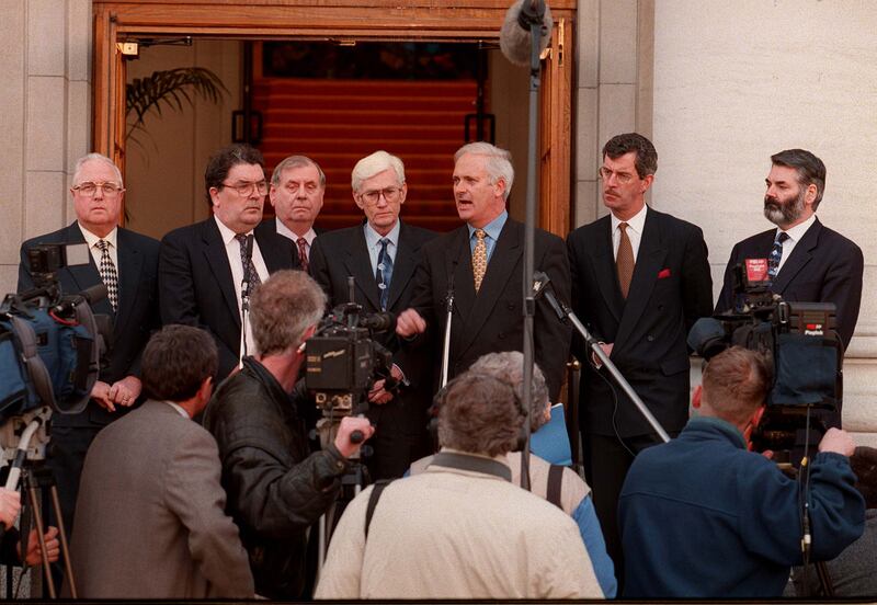 The SDLP's Eddie McGrath, John Hume, Joe Hendron and Seamus Mallon with then taoiseach John Bruton, then tánaiste Dick Spring and Proinsias De Rossa TD outside Goverment Buildings for a press conference in April 1997. Photograph: David Sleator