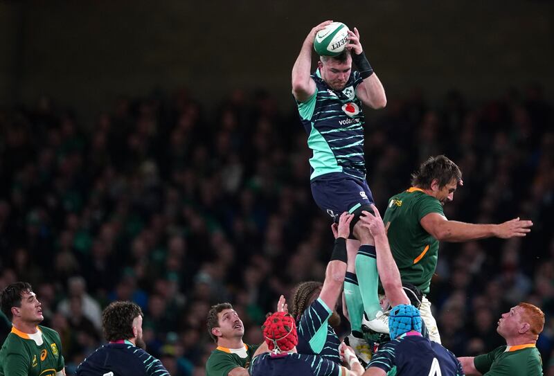 Ireland's Peter O'Mahony winning a lineout during the match against South Africa at the Aviva stadium. Photograph: PA
