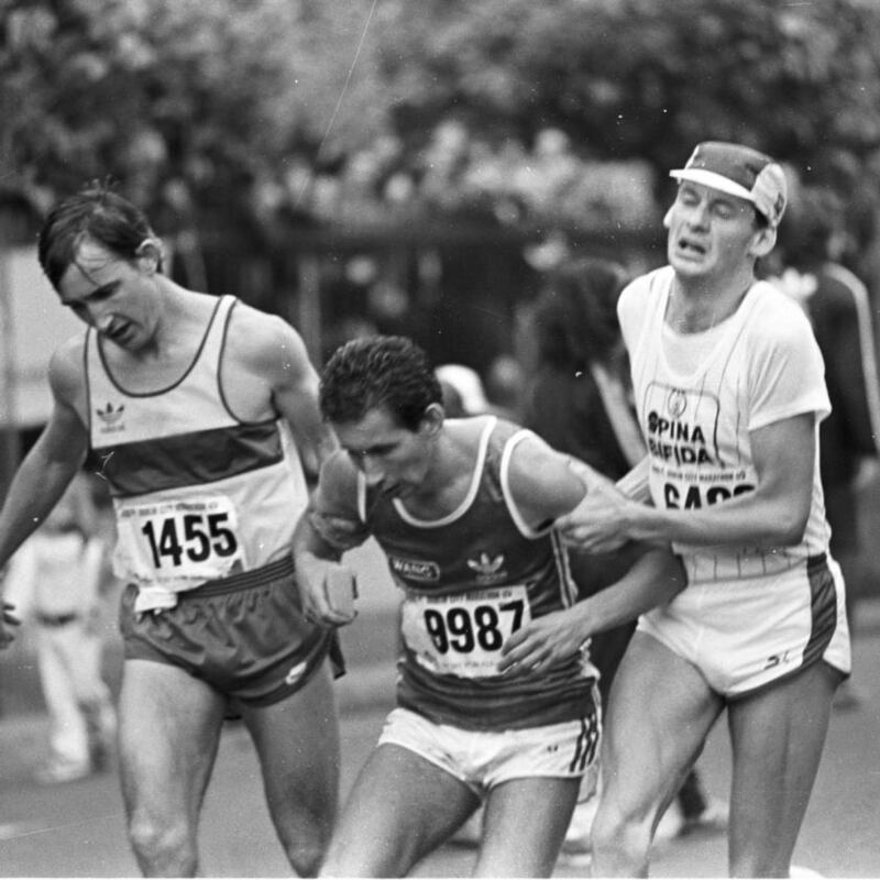 The ecstasy... and the agony: struggling to the finish in 1983. Photograph: Dermot O’Shea