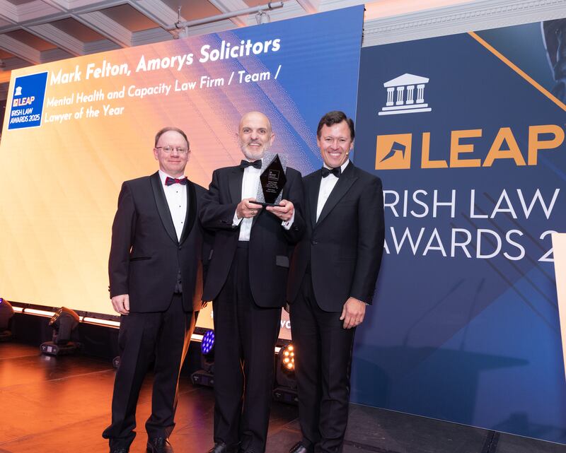 Richard Hammond, solicitor and partner at Hammond Good LLP and chair of the judging panel of the Leap Irish Law Awards; Mark Felton, partner and solicitor at Amorys Solicitors; and Anton Savage, MC of the night. Photograph: Paul Sherwood
