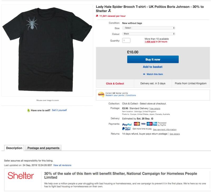 The eBay listing for the Lady Hale brooch T-shirt. Photograph: eBay