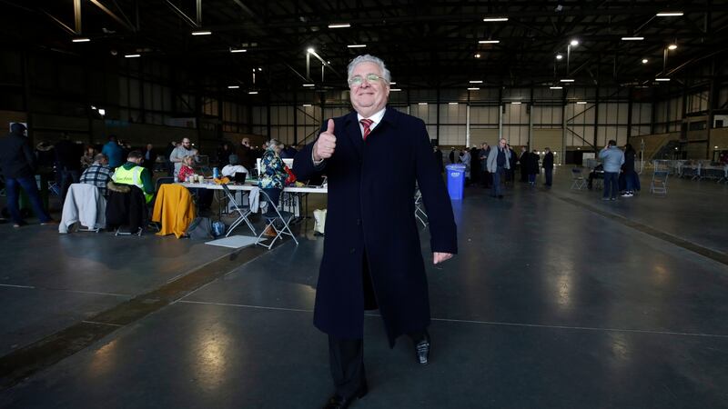 Fine Gael’s Bernard Durkan – the 33rd Dáil’s oldest member – gives the thumbs up after he was elected in the Kildare North constituency.  Photograph:  Damien Eagers