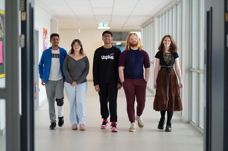Leaving Cert students Daksh Wadhwa (16), Megan Glynn (19), Ratzinger Monteiro (19), Seán Cleary (18) and Leah O’Callaghan (18) at Stepaside Educate Together Secondary School. Photograph: Fran Veale
