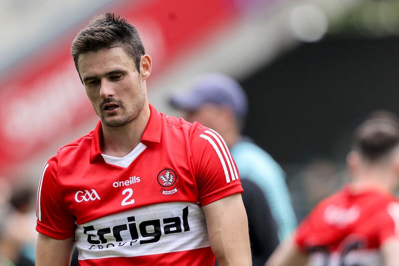 Derry's Chrissy McKaigue dejected after the game. Photograph: Ben Brady/Inpho