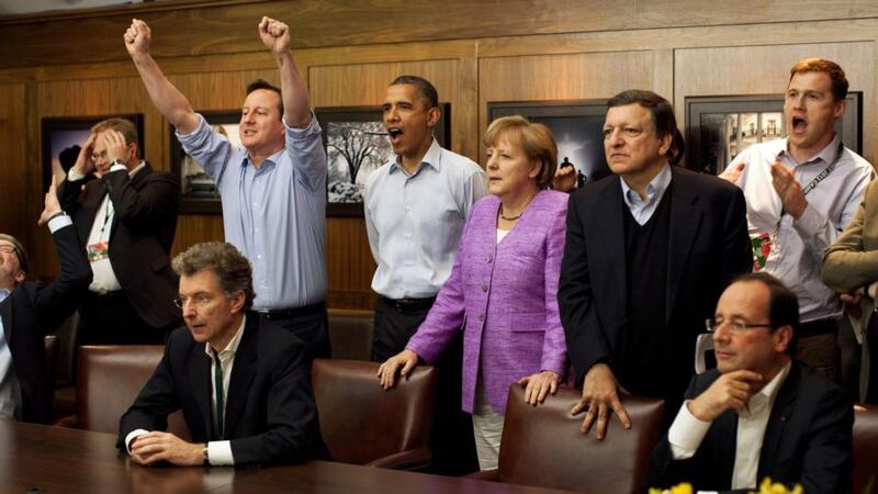 Power play: David Cameron, Barack Obama, Angela Merkel and José Manuel Barroso watch the overtime shootout of the Chelsea v Bayern Munich Champions League final at last year’s G8 summit at Camp David. Photograph: Pete Souza/White House