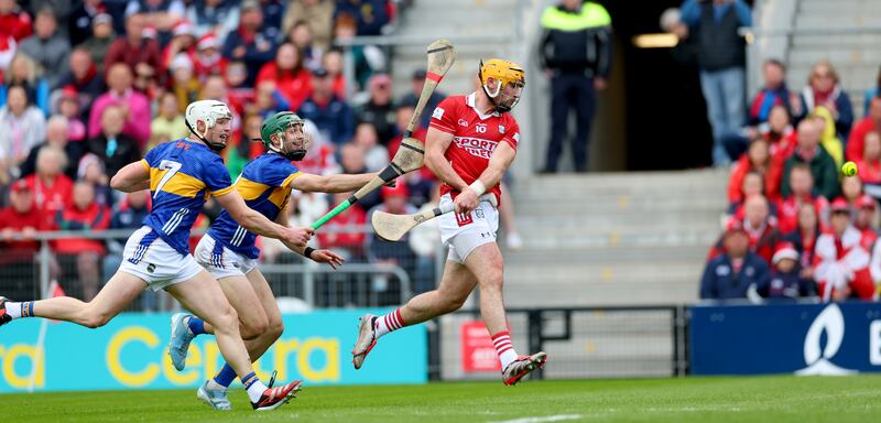 Declan Dalton scores a goal for Cork during the Munster SHC second round game against Tipperary at Páirc Uí Chaoimh. Photograph: James Crombie/Inpho