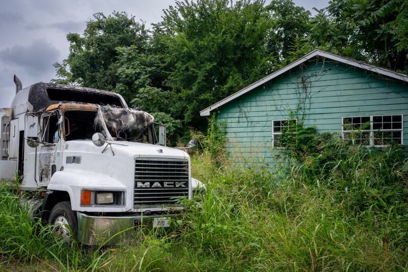 An abandoned truck in an overgrown front yard in Cairo, Illinois. Photograph: Brandon Bell/Getty Images