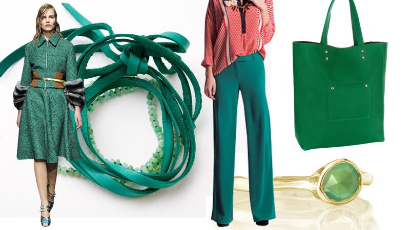 (L-R) Green coat at Prada. Braclet €145, Mathilda Danglade at Costume. Trousers, €233, Malene Birger at McBess, Killarney. Ring, €80, Monica Vinader at Brown Thomas. Green tote, €45, Acessorize.