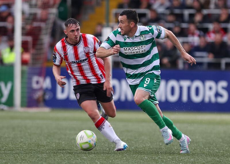Shamrock Rovers' Aaron Greene and Derry’s Gavin Whyte. Photograph: Lorcan Doherty/Inpho