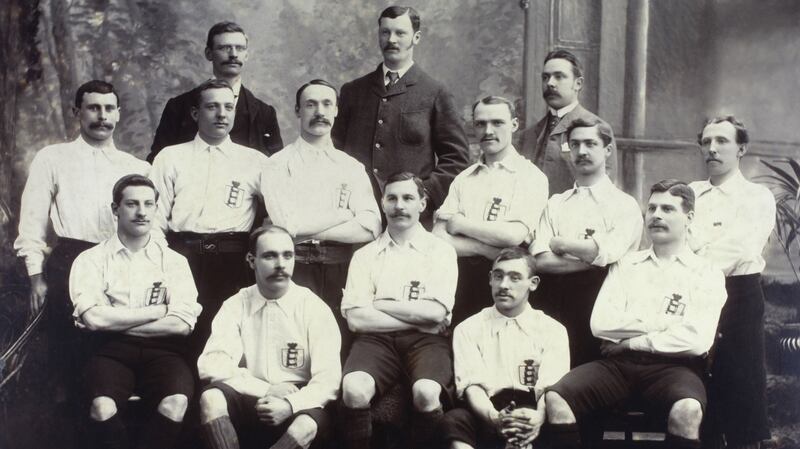 John Reynolds, standing extreme right  of second row, with the England team  prior to the match against Scotland  at Ibrox Park on the 2nd April 1892. England won  4-1. Photograph:  Bob Thomas/Popperfoto/Getty Images