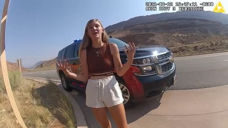A still image from a police bodycam shows Gabrielle Petito speaking with police as they responded to an altercation between Ms Petito and her boyfriend, Brian Laundrie. Photograph: AFP PHOTO/Moab City Police Department