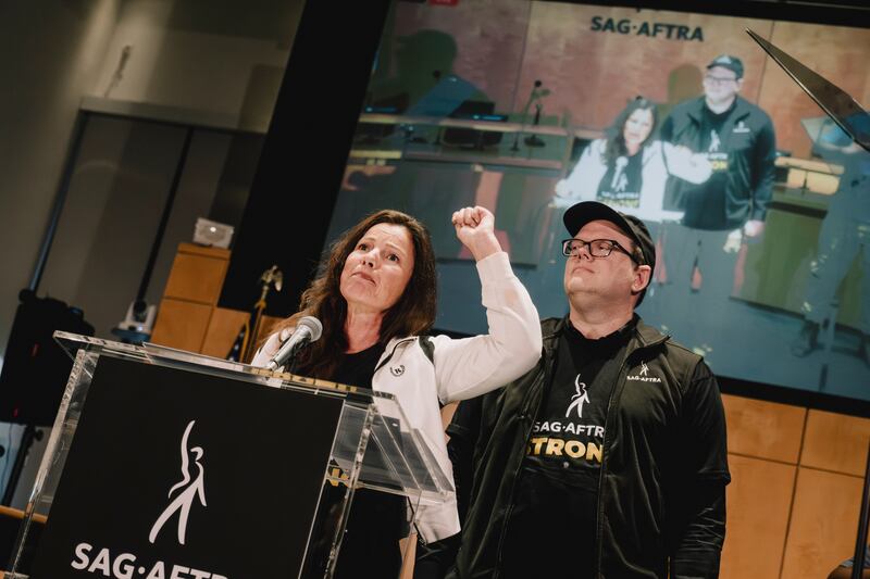 Fran Drescher, an actor and president of SAG-AFTRA, speaks about the vote to strike during a news conference in Los Angeles on July 10th. Photograph: Mark Abramson/The New York Times
                      