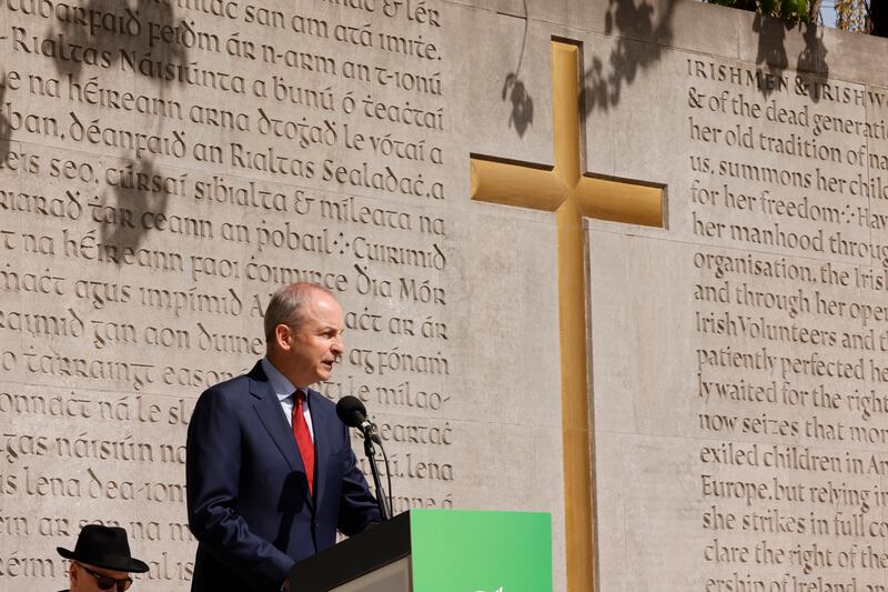 Tánaiste Micheál Martin giving the main oration during the 1916 commemoration at Arbour Hill cemetery. Photograph: Alan Betson