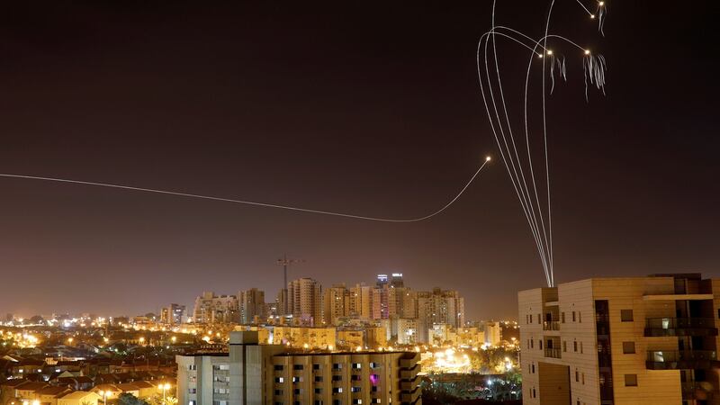 Israel’s ‘Iron Dome’ anti-missile system fires interception missiles as rockets are launched from Gaza towards Israel as seen from the city of Ashkelon, Israel. Photograph: REUTERS/ Amir Cohen