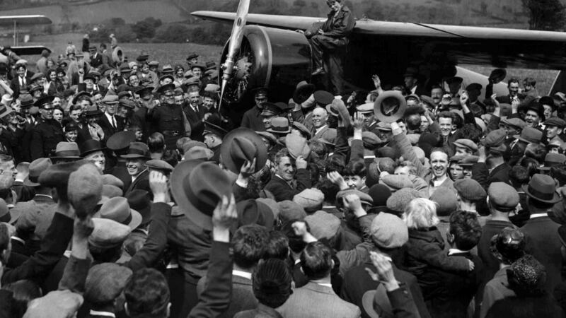 Amelia Earhart, the first woman to fly across the Atlantic alone, as she boards her single-engine Lockheed Vega airplane in Derry for the trip to London in May  1932. Photograph: AP