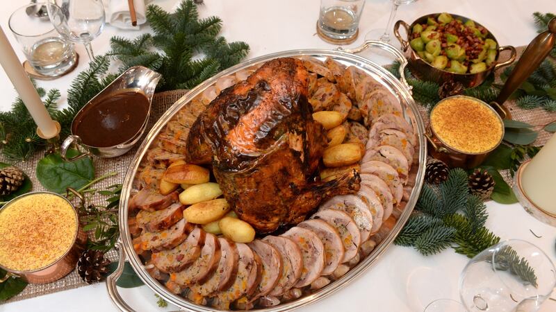 Sausagemeat stuffed turkey legs, with a butter basted crown. Photograph: Dara Mac Dónaill
