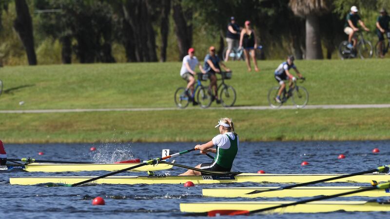 Sanita Puspure on her way to finishing fourth. Photograph: Detlev Seyb/Inpho