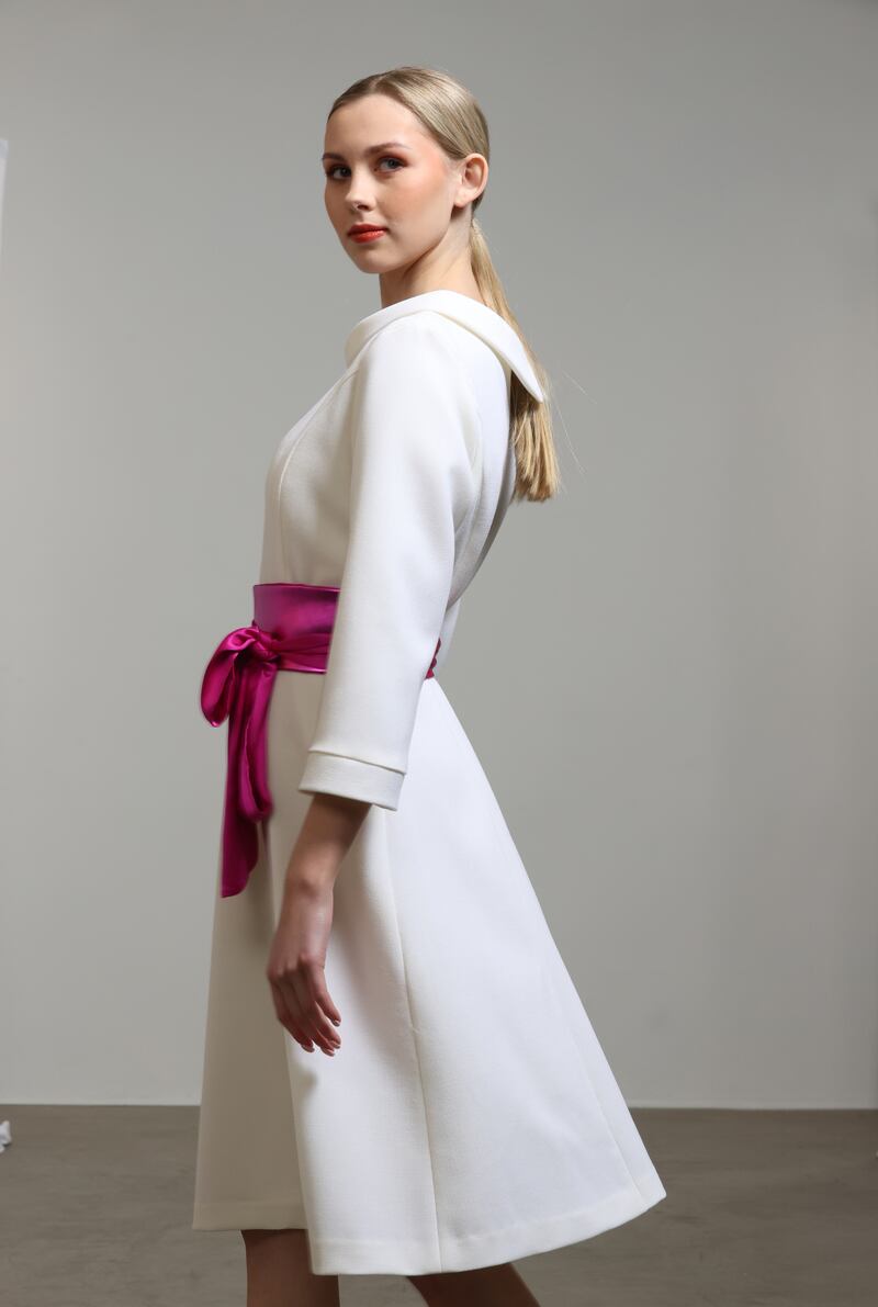 White dress in double wool crepe by Carlita €475 and Tori belt by Heidi Higgins €155
