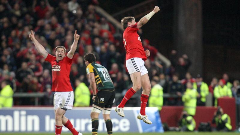 Ronan O’Gara celebrates after scoring the winning drop goal in the Heineken Cup game against Northampton at Thomond Park in November 2011. Photograph: Ryan Byrne/Inpho