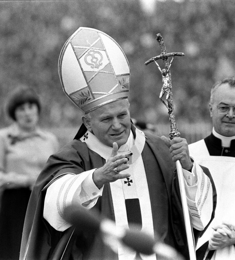 Pope John Paul II in  gestures to the crowd in Drogheda in 1979.