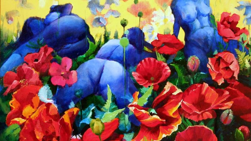 Sheilas reclining in blue garden, by Kenneth Webb