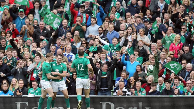 Jared Payne celebrates scoring an intercept try.